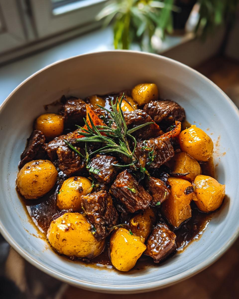 A bowl of Slow Cooker Garlic Butter Beef with Potatoes, garnished with rosemary.
