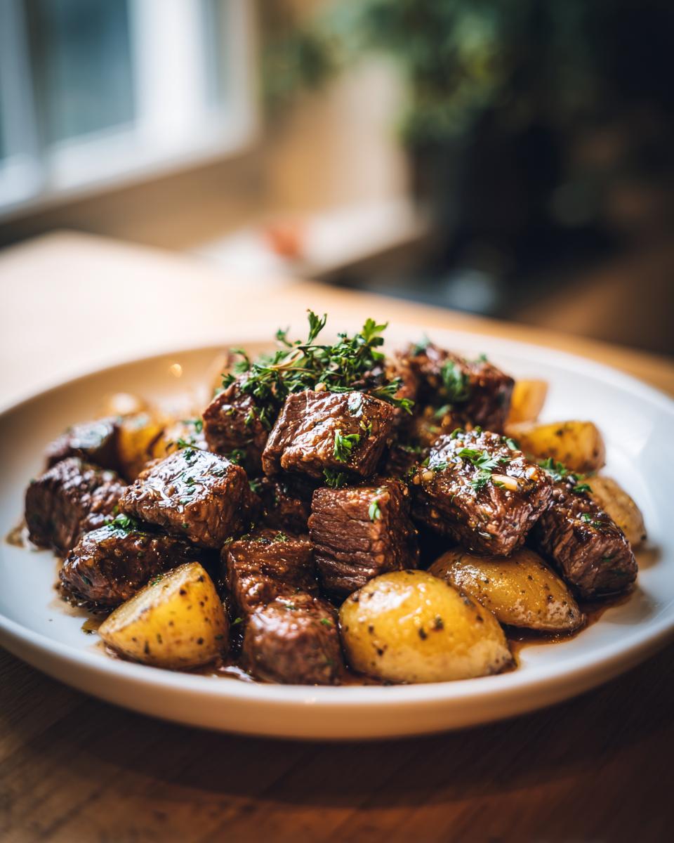 A white plate filled with tender chunks of Slow Cooker Garlic Butter Beef with Potatoes, garnished with fresh herbs.
