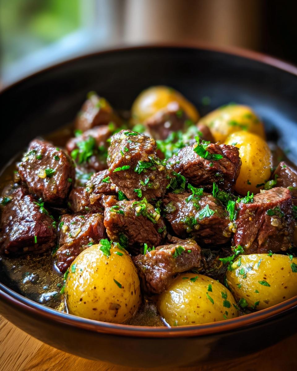 A close-up of tender Slow Cooker Garlic Butter Beef with Potatoes, garnished with fresh parsley.