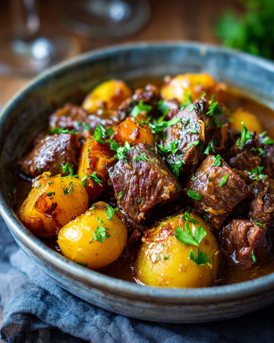 A bowl of Slow Cooker Garlic Butter Beef with Potatoes, garnished with fresh parsley.