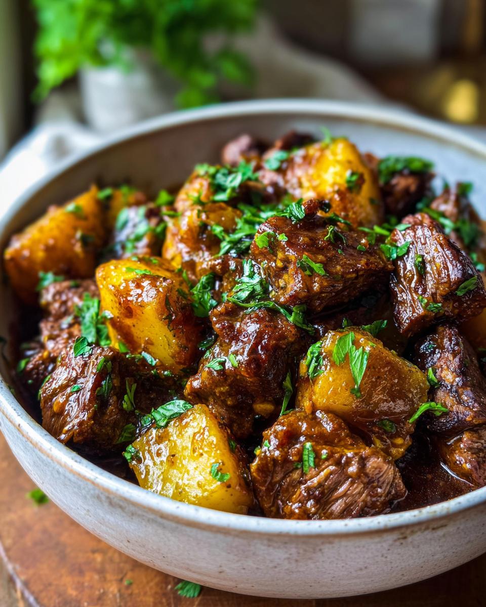 A close-up of a bowl filled with tender chunks of Slow Cooker Garlic Butter Beef with Potatoes, garnished with fresh parsley.