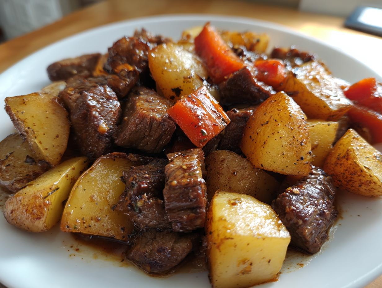 A close-up of tender Slow Cooker Garlic Butter Beef with Potatoes and carrots, seasoned and glistening.