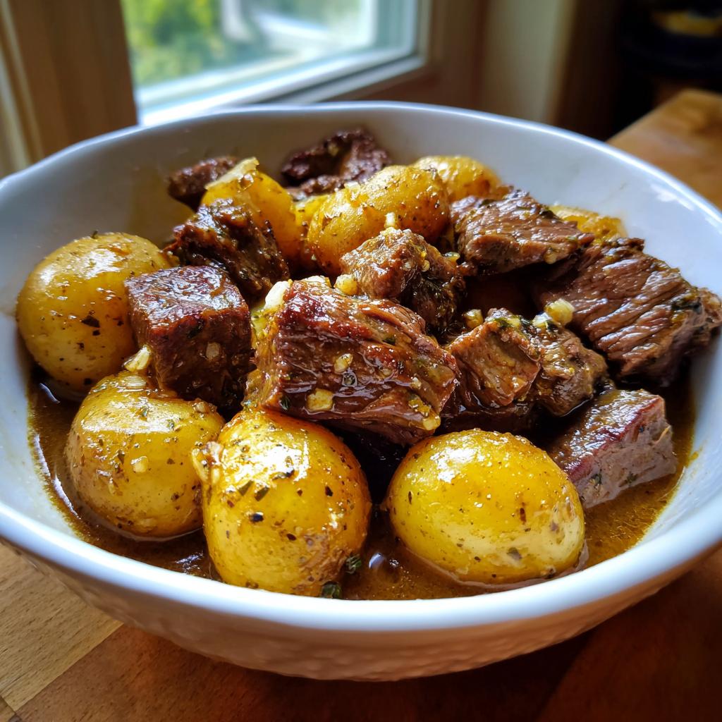 A bowl of tender Slow Cooker Garlic Butter Beef with Potatoes, coated in a rich, savory sauce.