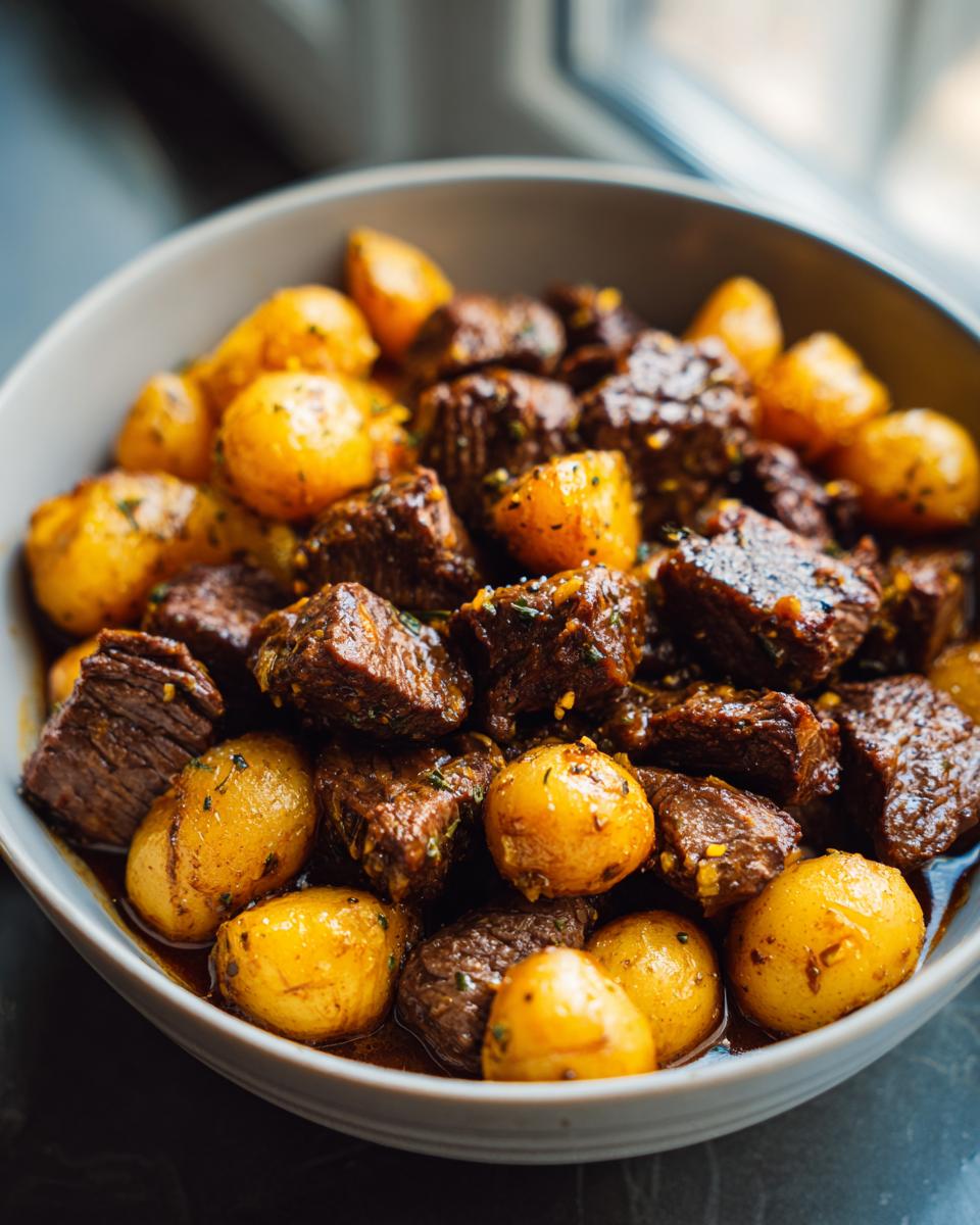 A bowl of tender Slow Cooker Garlic Butter Beef with Potatoes, coated in a rich sauce and herbs.