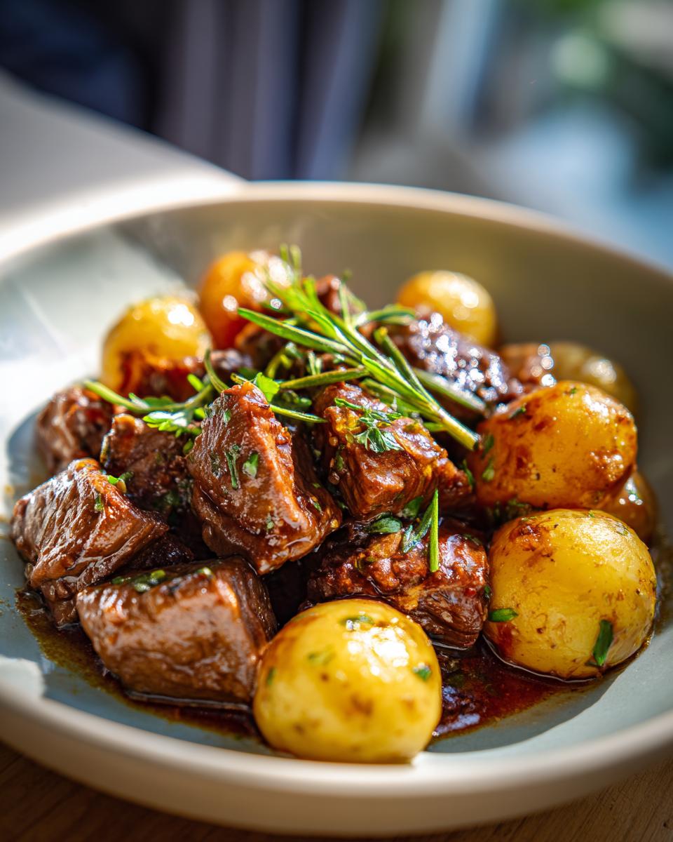 A bowl of tender Slow Cooker Garlic Butter Beef with Potatoes, garnished with fresh rosemary and parsley.