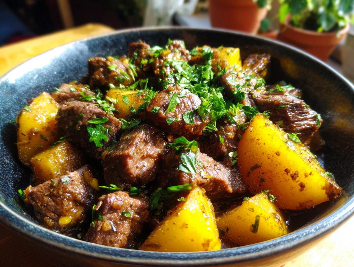 A bowl of Slow Cooker Garlic Butter Beef with Potatoes, garnished with fresh parsley.