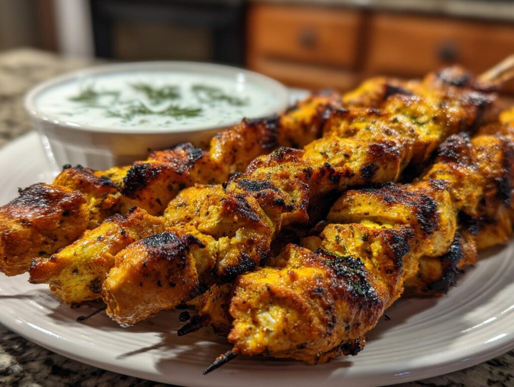Close-up of grilled smoky chicken skewers served with a side of garlic yogurt dip with dill.