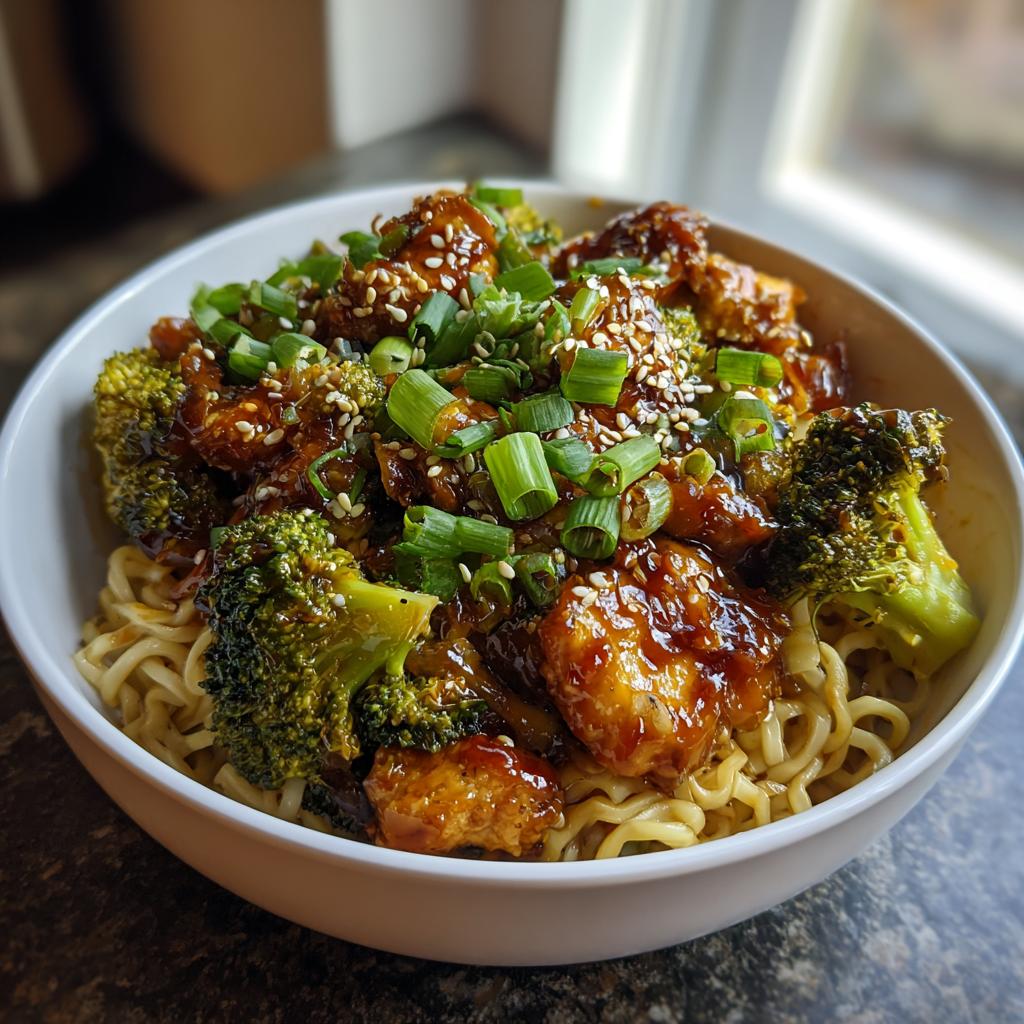 A bowl of Spicy Garlic Chicken and Broccoli Noodle Bowls, topped with sesame seeds and green onions.