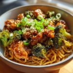A close-up of a bowl filled with Spicy Garlic Chicken and Broccoli Noodle Bowls, garnished with sesame seeds and green onions.