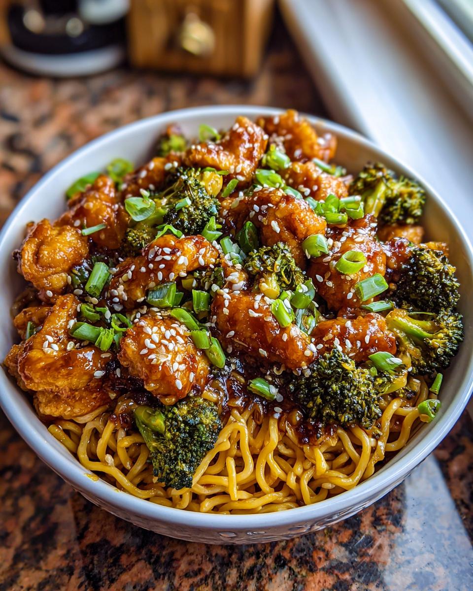 A close-up of a bowl filled with Spicy Garlic Chicken and Broccoli Noodle Bowls, topped with sesame seeds and green onions.