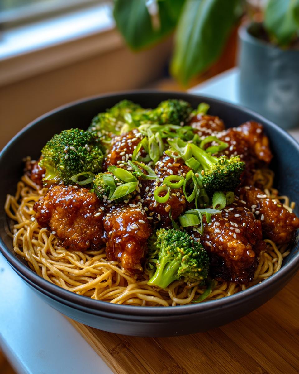 A close-up of a dark bowl filled with Spicy Garlic Chicken and Broccoli Noodle Bowls, garnished with sesame seeds and green onions.