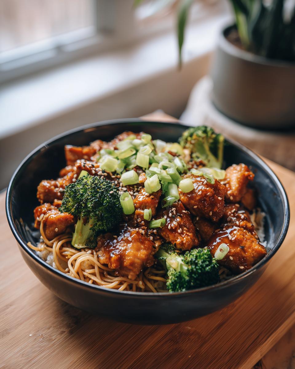 A close-up of a bowl filled with Spicy Garlic Chicken and Broccoli Noodle Bowls, garnished with sesame seeds and green onions.