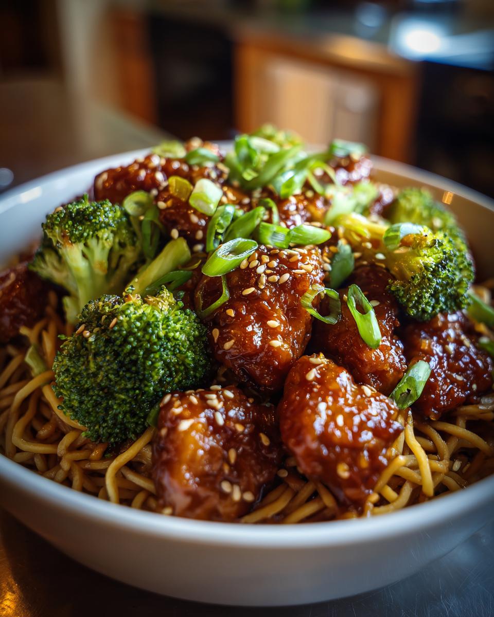 A close-up of Spicy Garlic Chicken and Broccoli Noodle Bowls, featuring glazed chicken pieces, tender broccoli florets, and noodles topped with sesame seeds and green onions.