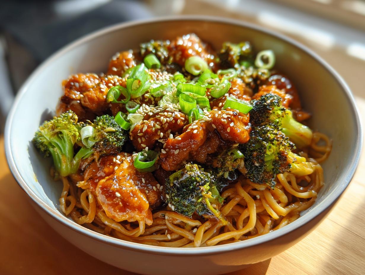 A close-up of a bowl filled with Spicy Garlic Chicken and Broccoli Noodle Bowls, garnished with sesame seeds and green onions.