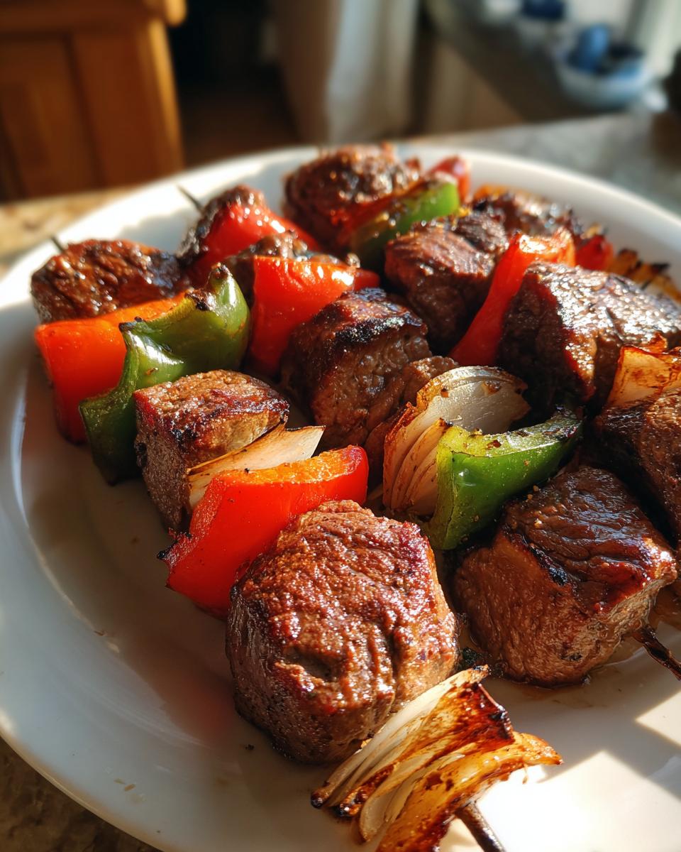 Close-up of grilled steak kabobs with red and green bell peppers and onions on a white plate.