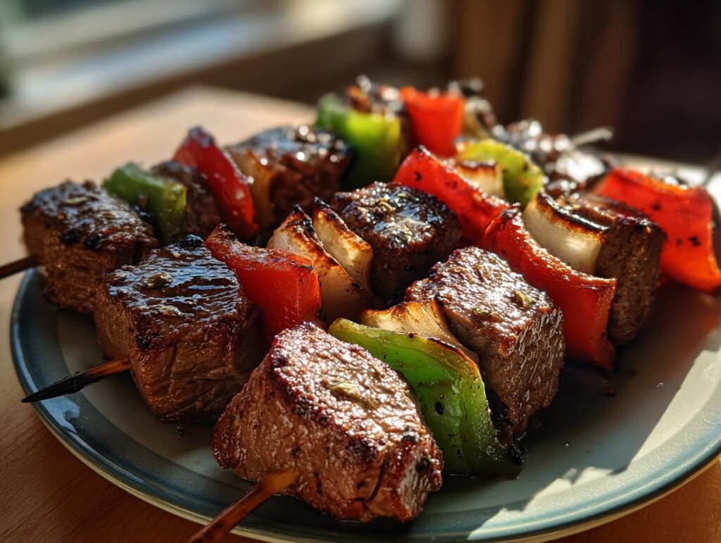Close-up of grilled steak kabobs with red bell peppers, green bell peppers, and onions.