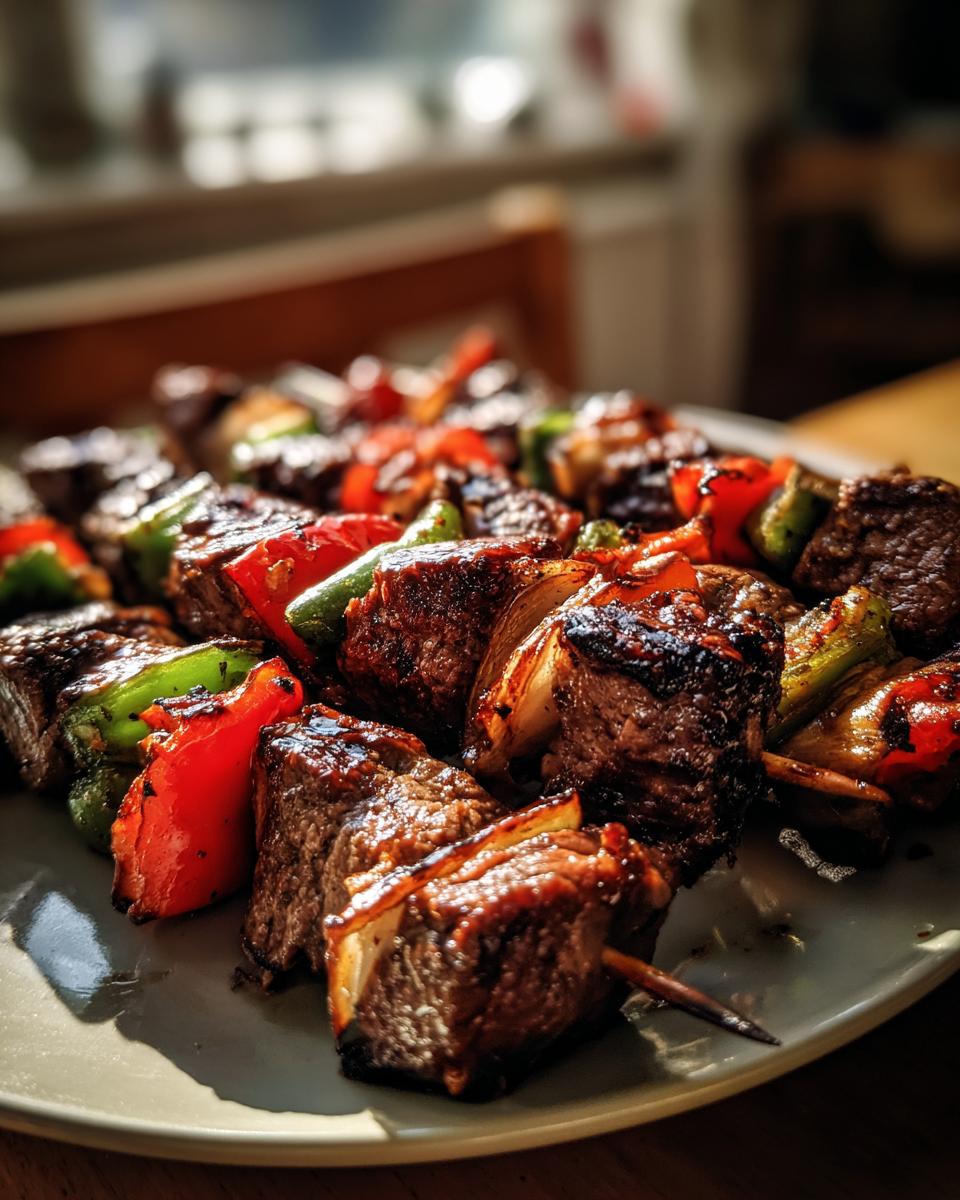 Close-up of grilled steak kabobs with red and green peppers and onions on a plate, ready to serve.