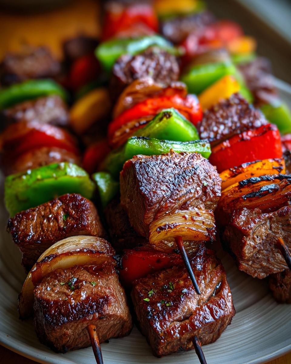 Close-up of grilled steak kabobs with colorful peppers and onions, showcasing juicy steak and charred vegetables.