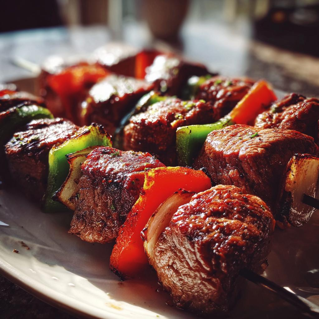Close-up of grilled steak kabobs with colorful peppers and onions, showcasing juicy steak and char marks.