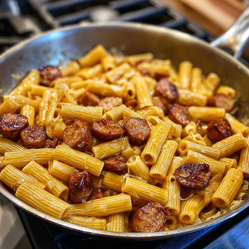 Close-up of a skillet filled with rigatoni pasta and sliced sausage in a glossy honey garlic sauce.