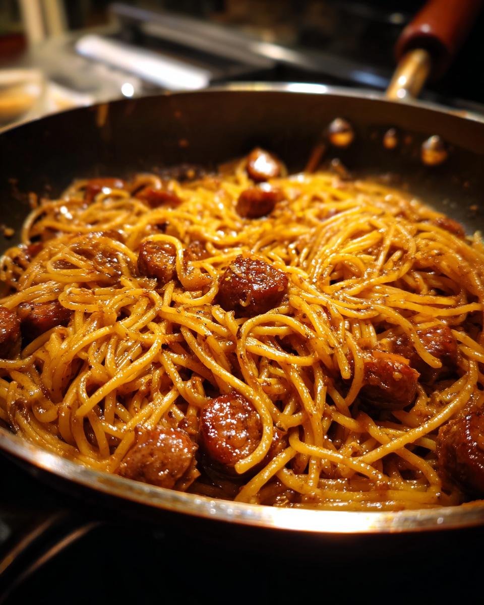 Close-up of a skillet filled with Sticky Honey Garlic Sausage Pasta, showing coated spaghetti and sausage pieces.