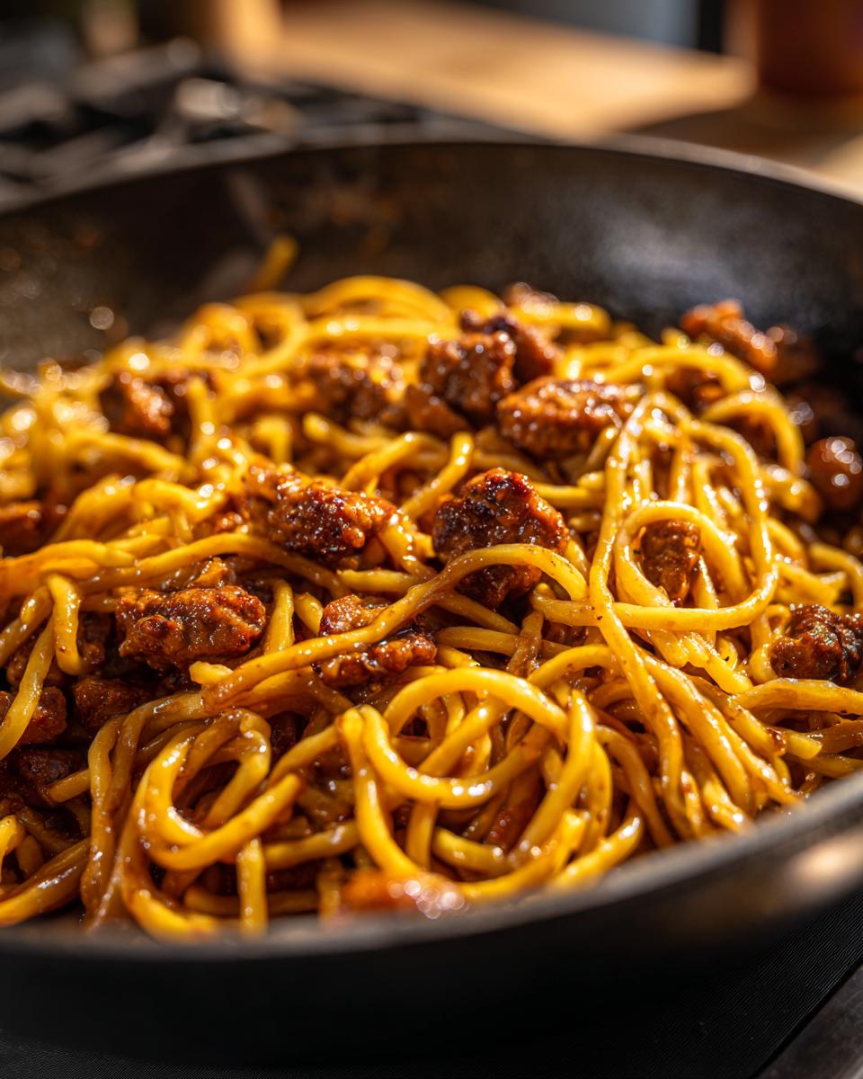 Close-up of a skillet filled with Sticky Honey Garlic Sausage Pasta, showing noodles coated in sauce and chunks of sausage.