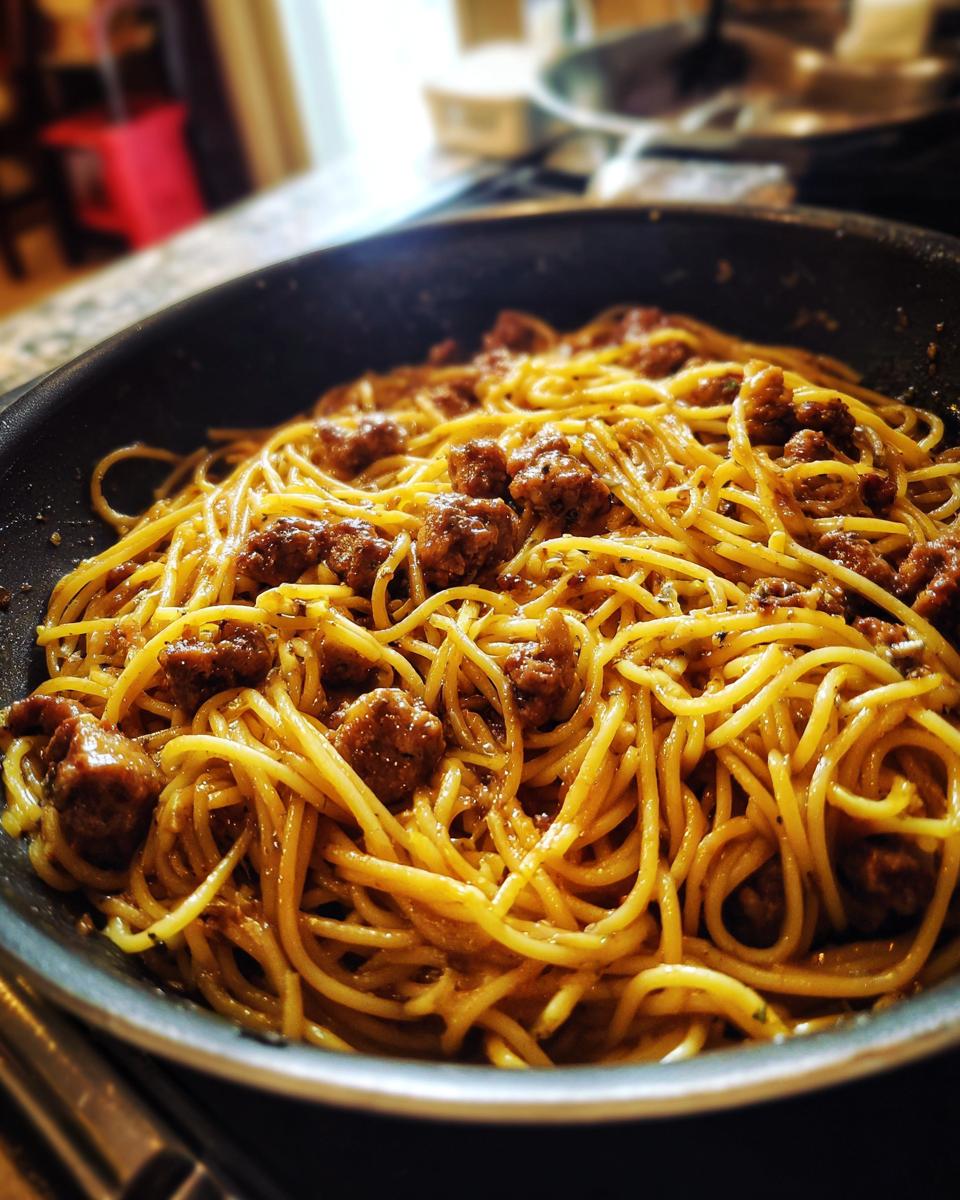 Close-up of a skillet filled with spaghetti and sausage pieces coated in a sticky honey garlic sauce.