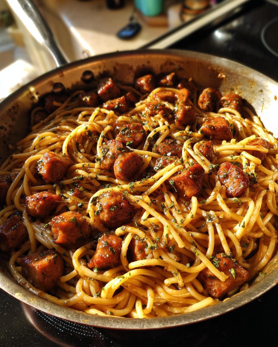 Close-up of a skillet filled with spaghetti and chunks of sticky honey garlic sausage, garnished with parsley.