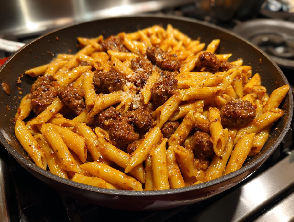 Close-up of a skillet filled with penne pasta and sausage in a sticky honey garlic sauce.
