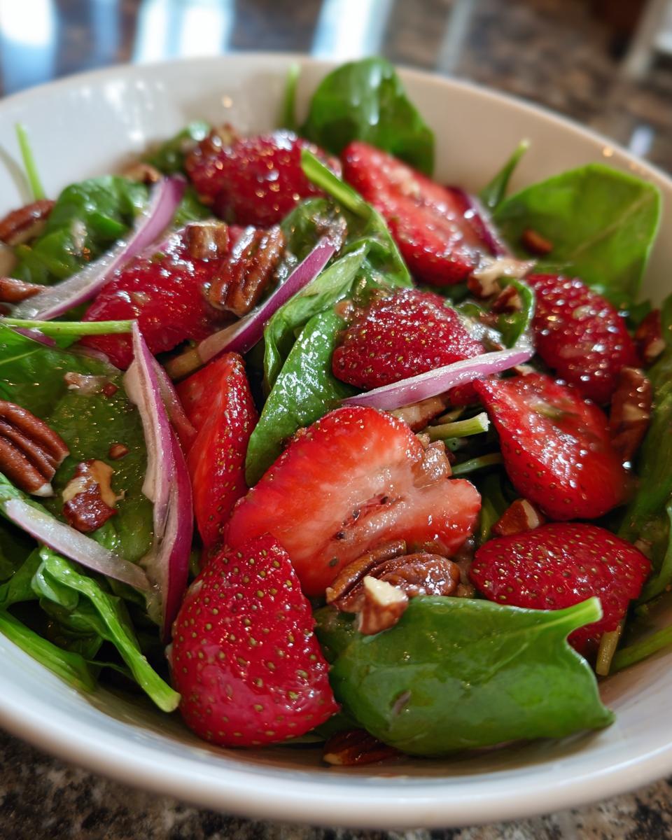 Close-up of a refreshing strawberry spinach salad with sliced strawberries, pecans, and red onion.