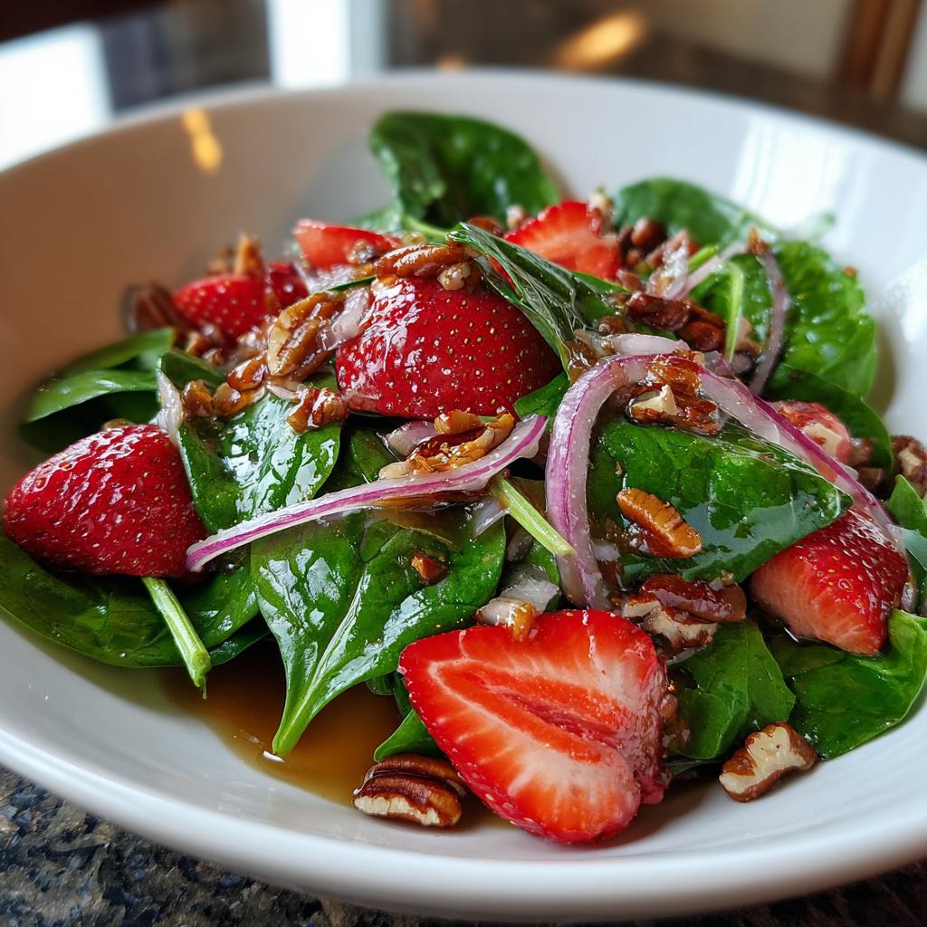 A vibrant strawberry spinach salad with sliced strawberries, red onion, and pecans in a light dressing.