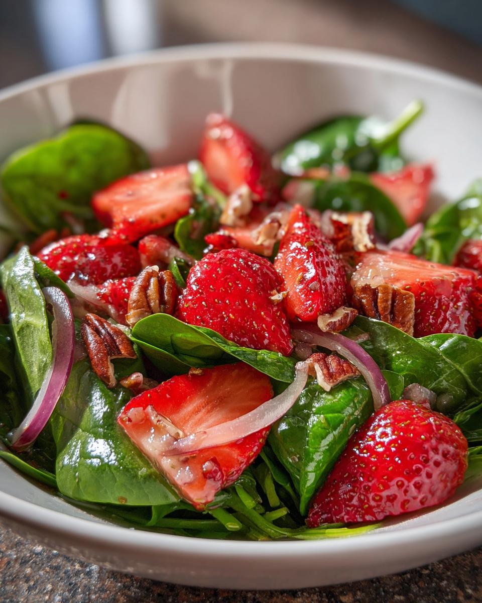 Close-up of a refreshing strawberry spinach salad with sliced strawberries, spinach, red onion, and pecans.
