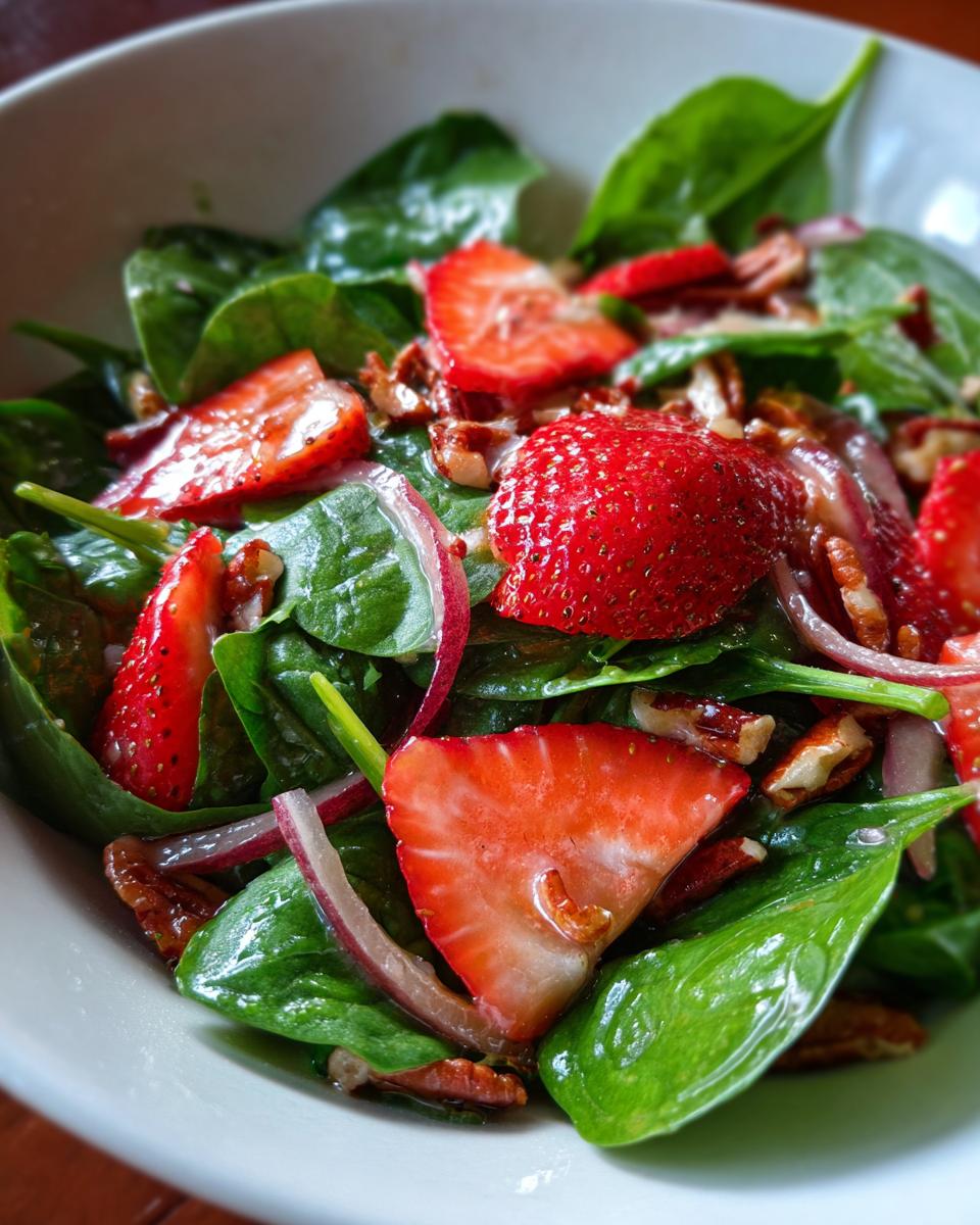 Close-up of a refreshing strawberry spinach salad with sliced strawberries, red onion, and pecans.