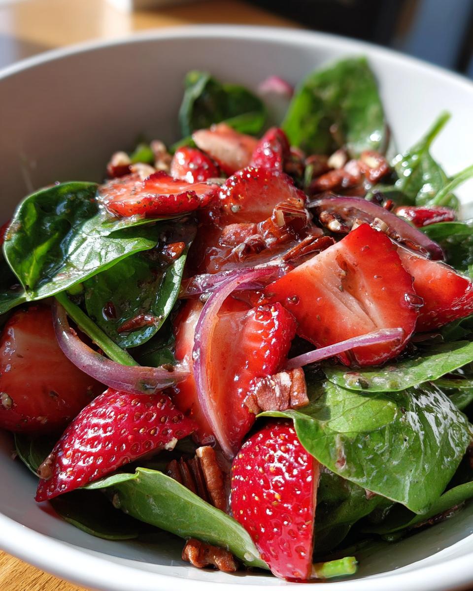 Close-up of a refreshing strawberry spinach salad with sliced strawberries, red onion, and pecans.