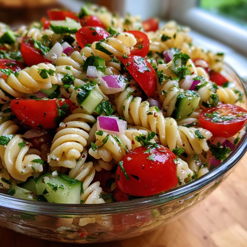 Close-up of a vibrant summer pasta salad with fusilli, cherry tomatoes, cucumber, red onion, and fresh herbs.