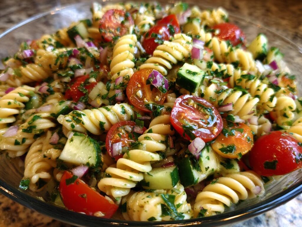 Close-up of a vibrant summer pasta salad with fusilli pasta, cherry tomatoes, cucumber, red onion, and fresh herbs.