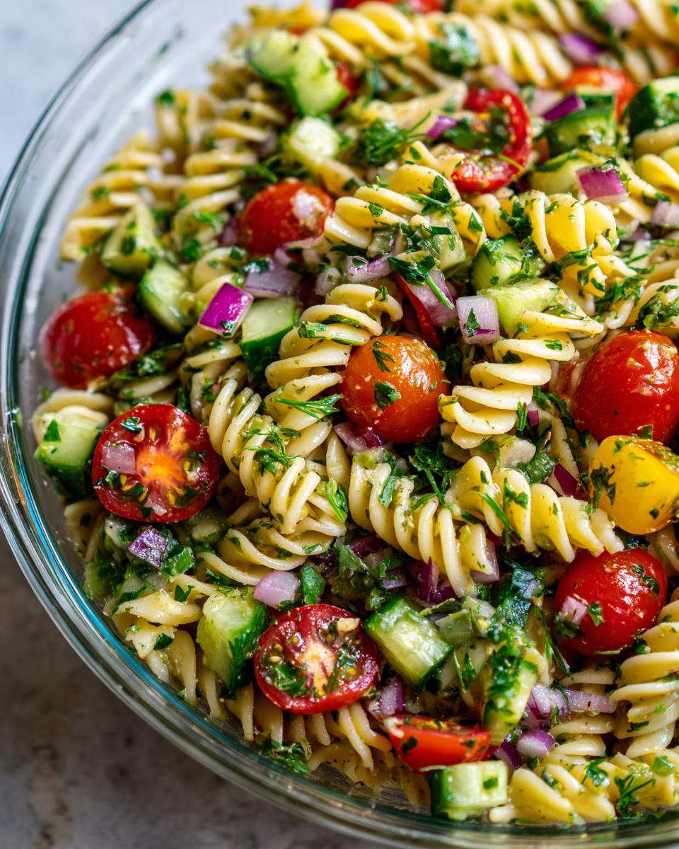 A vibrant bowl of summer pasta salad featuring fusilli pasta, cherry tomatoes, cucumber, red onion, and fresh herbs.