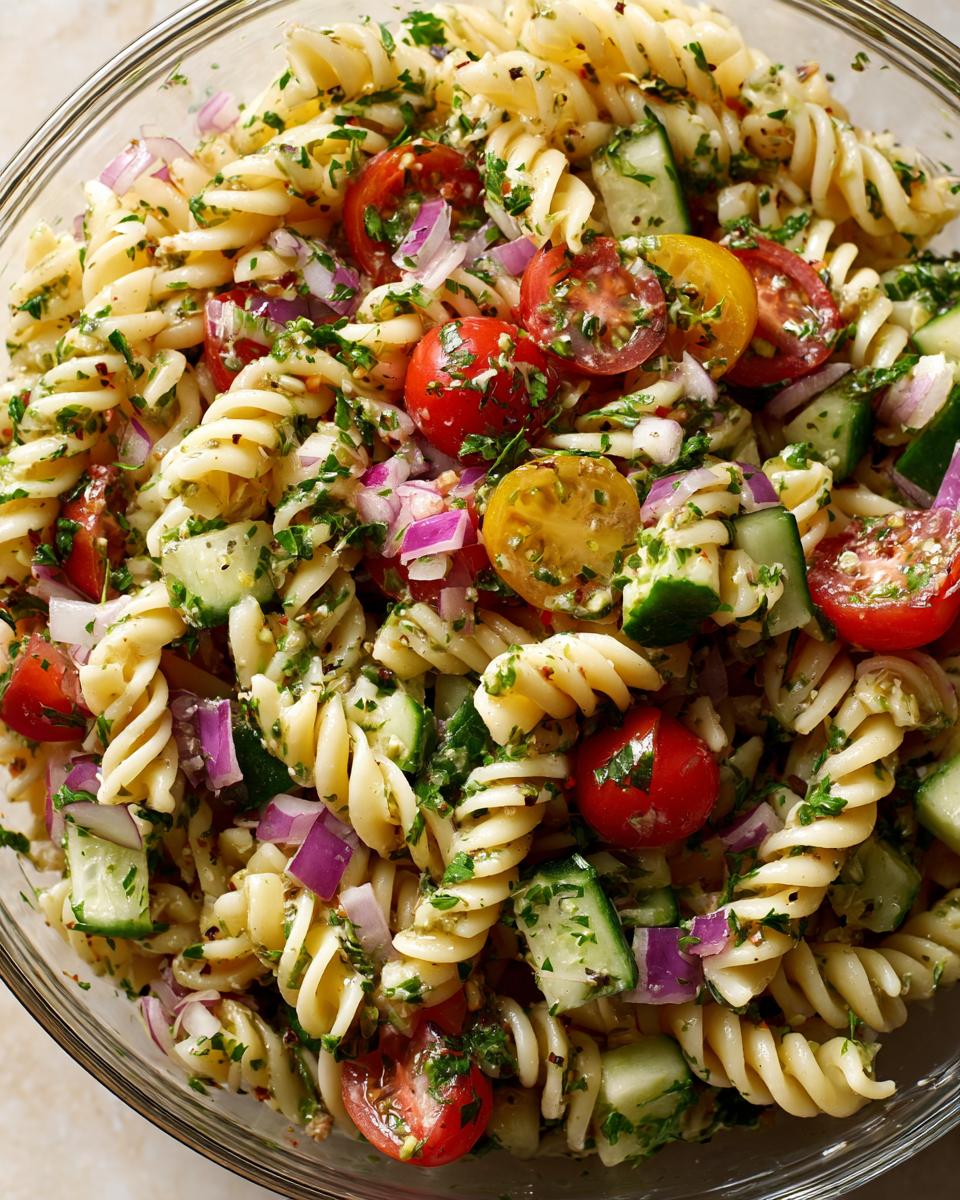 A vibrant bowl of summer pasta salad with fusilli, cherry tomatoes, cucumber, red onion, and fresh herbs.