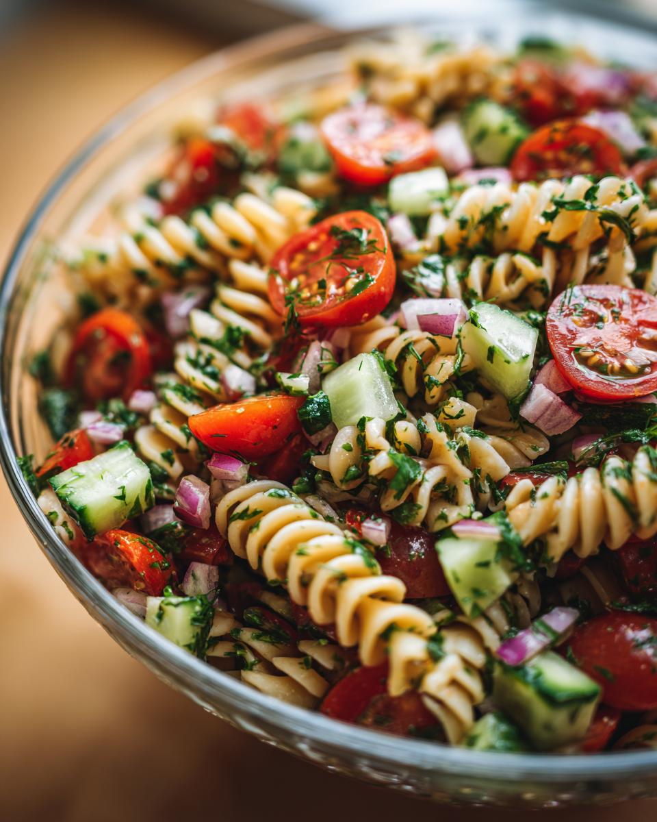 A close-up of a vibrant summer pasta salad with fusilli, cherry tomatoes, cucumber, red onion, and fresh herbs.