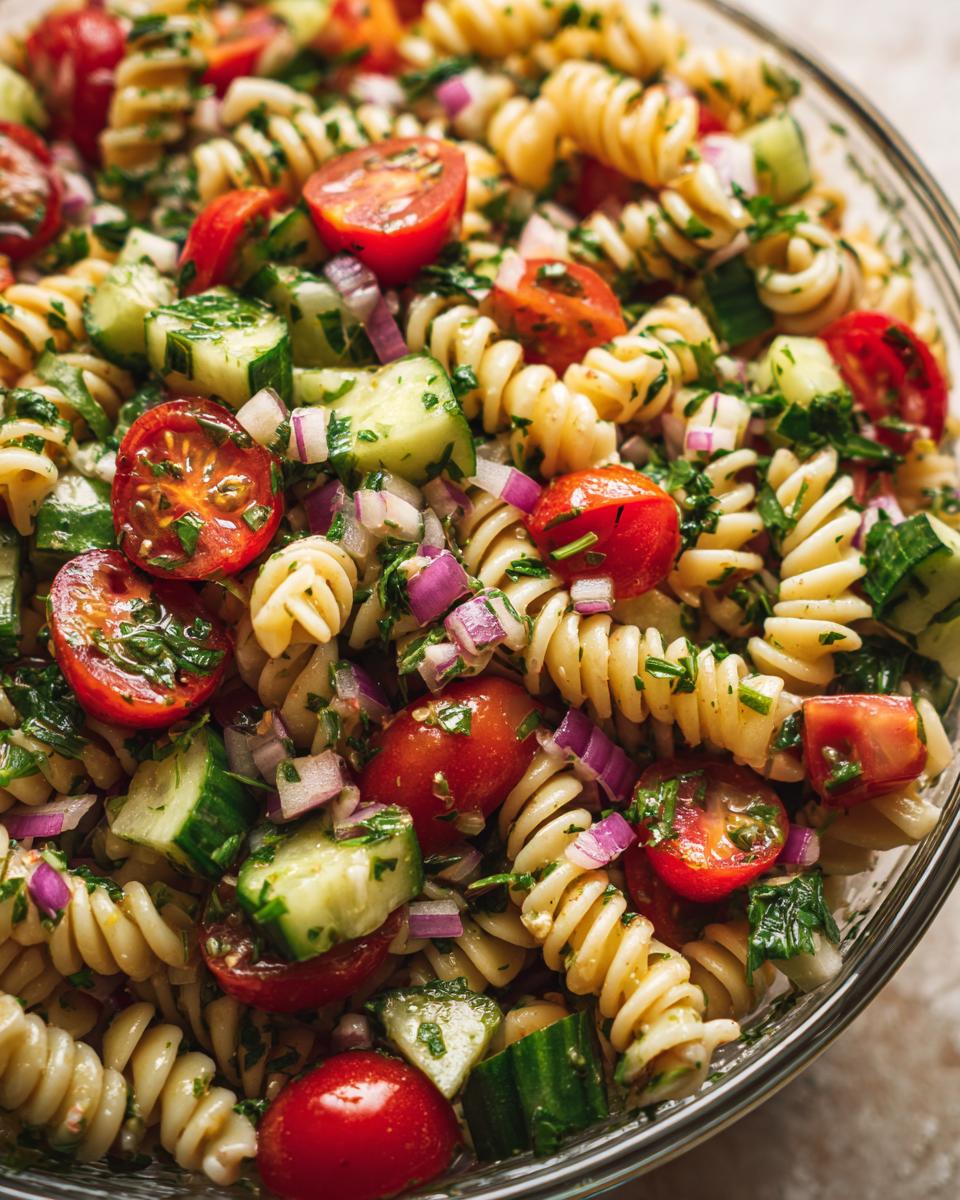 Close-up of a vibrant summer pasta salad with fusilli, cherry tomatoes, cucumber, red onion, and fresh herbs.