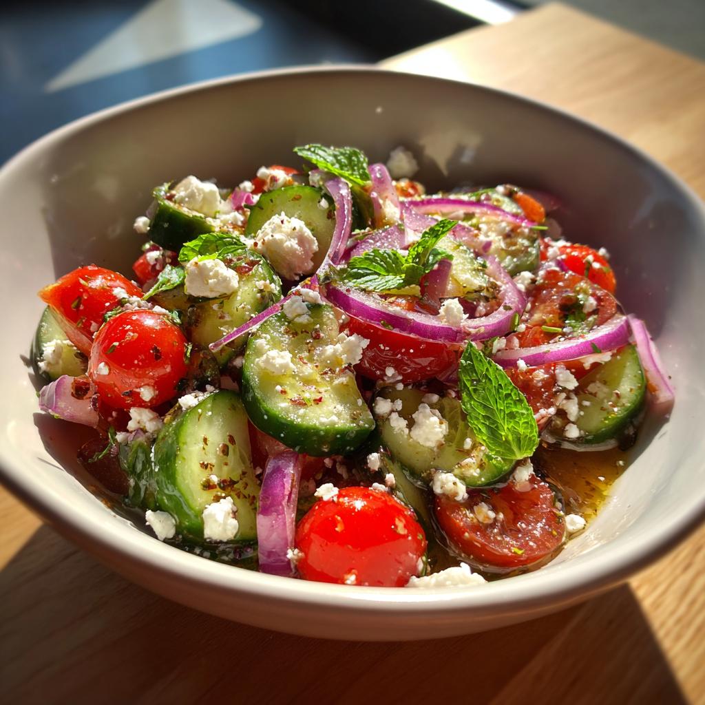A refreshing summer salad with cucumber, cherry tomatoes, red onion, feta cheese, and mint.