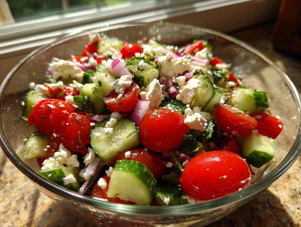 A refreshing summer salad with cucumber, tomato, feta cheese, and red onion, perfect for cookouts.