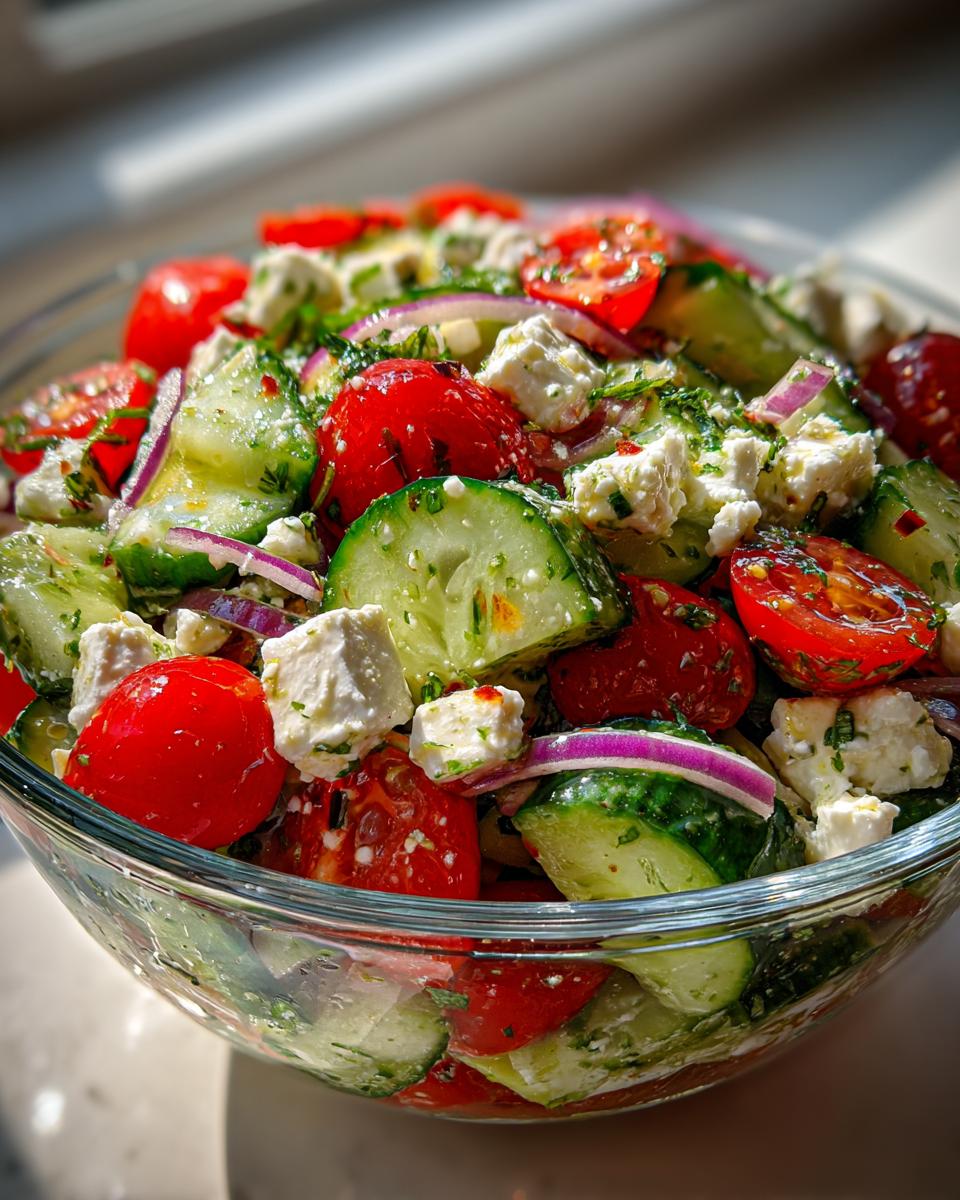 A refreshing Summer salad with cucumber, tomato, feta cheese, and red onion, perfect for cookouts.