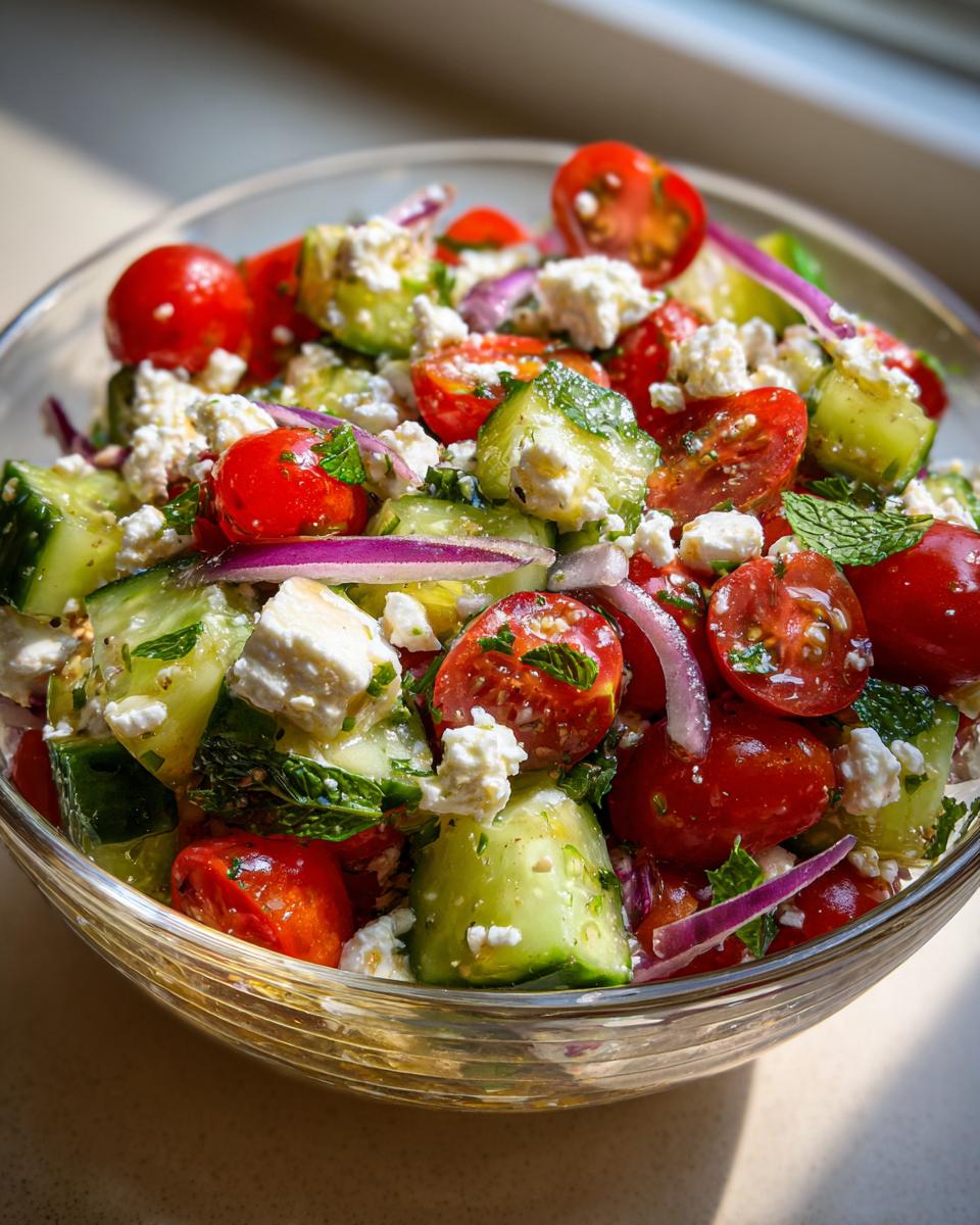 A refreshing Summer Salad with Cucumber, Tomato, and Feta, tossed with red onion and mint.