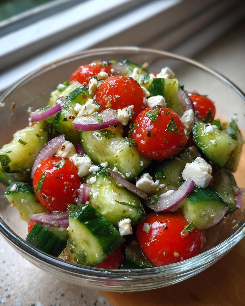 A refreshing Summer Salad with cucumber, tomato, feta cheese, and red onion, perfect for cookouts.