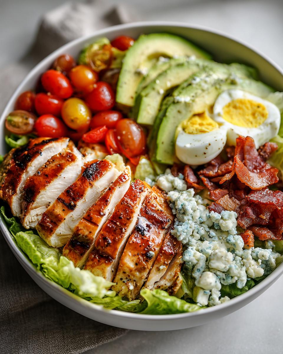 A vibrant Summer Salad Recipe for Grilled Chicken Cobb Bowls, featuring sliced grilled chicken, avocado, cherry tomatoes, hard-boiled eggs, bacon, and blue cheese.