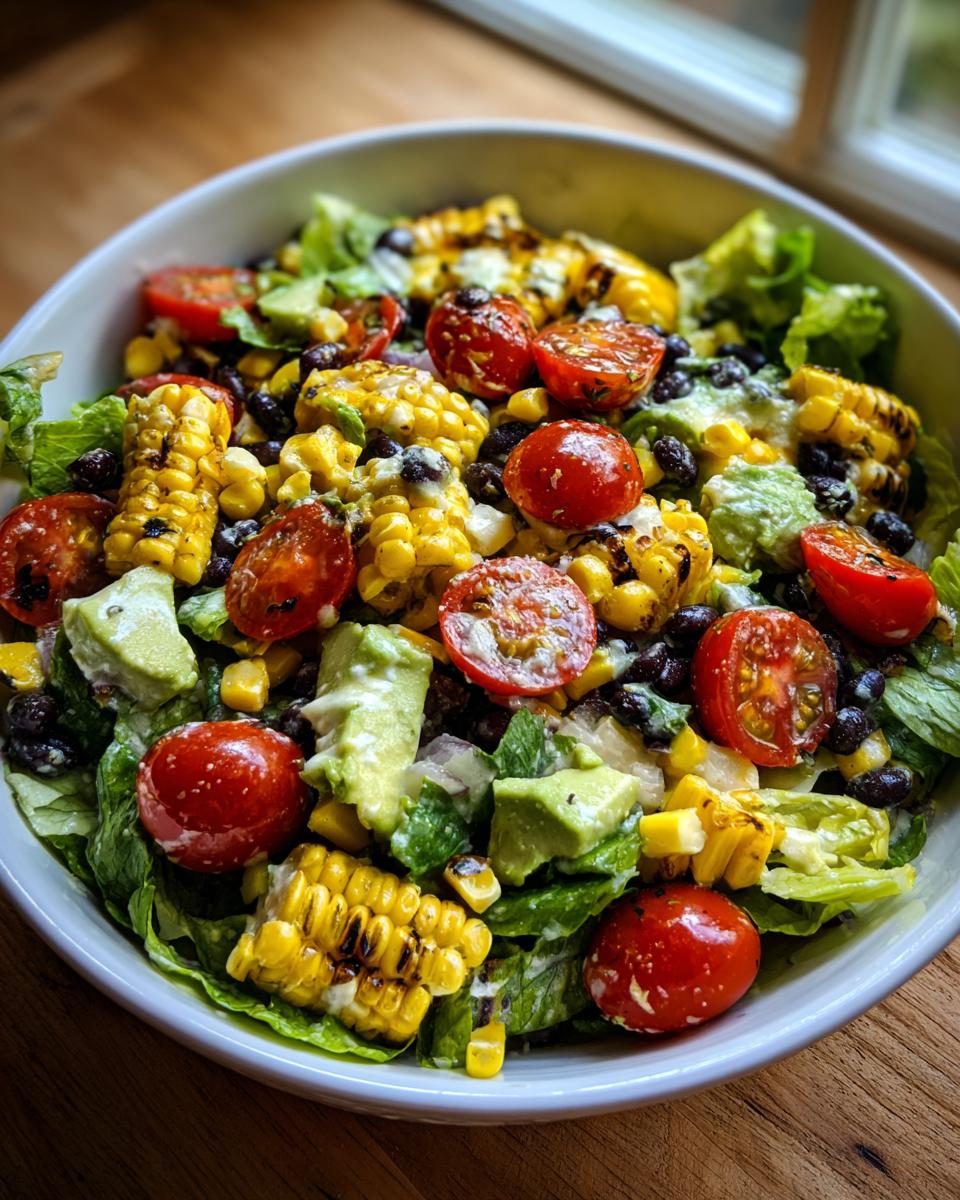 A vibrant bowl of Summer Salad Recipes With Grilled Corn and Avocado, featuring grilled corn, avocado, cherry tomatoes, and black beans.