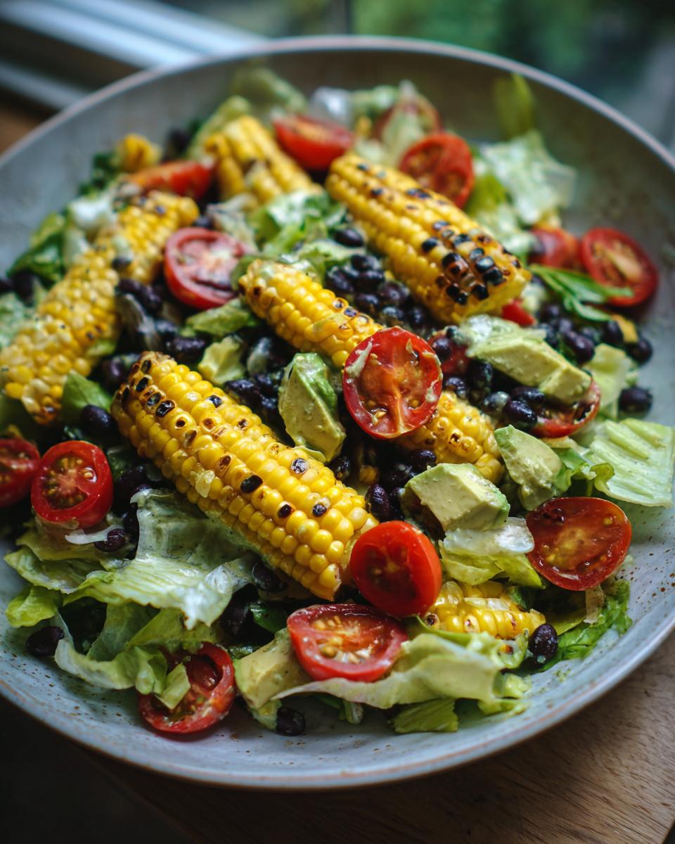 A vibrant summer salad featuring grilled corn, black beans, avocado, cherry tomatoes, and lettuce, tossed in avocado lime dressing.