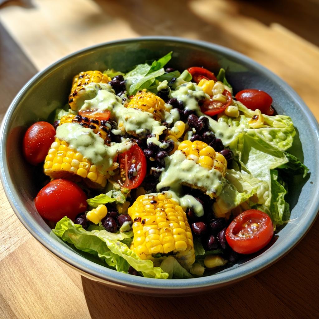 A vibrant summer salad featuring grilled corn, black beans, cherry tomatoes, and lettuce, drizzled with avocado lime dressing.