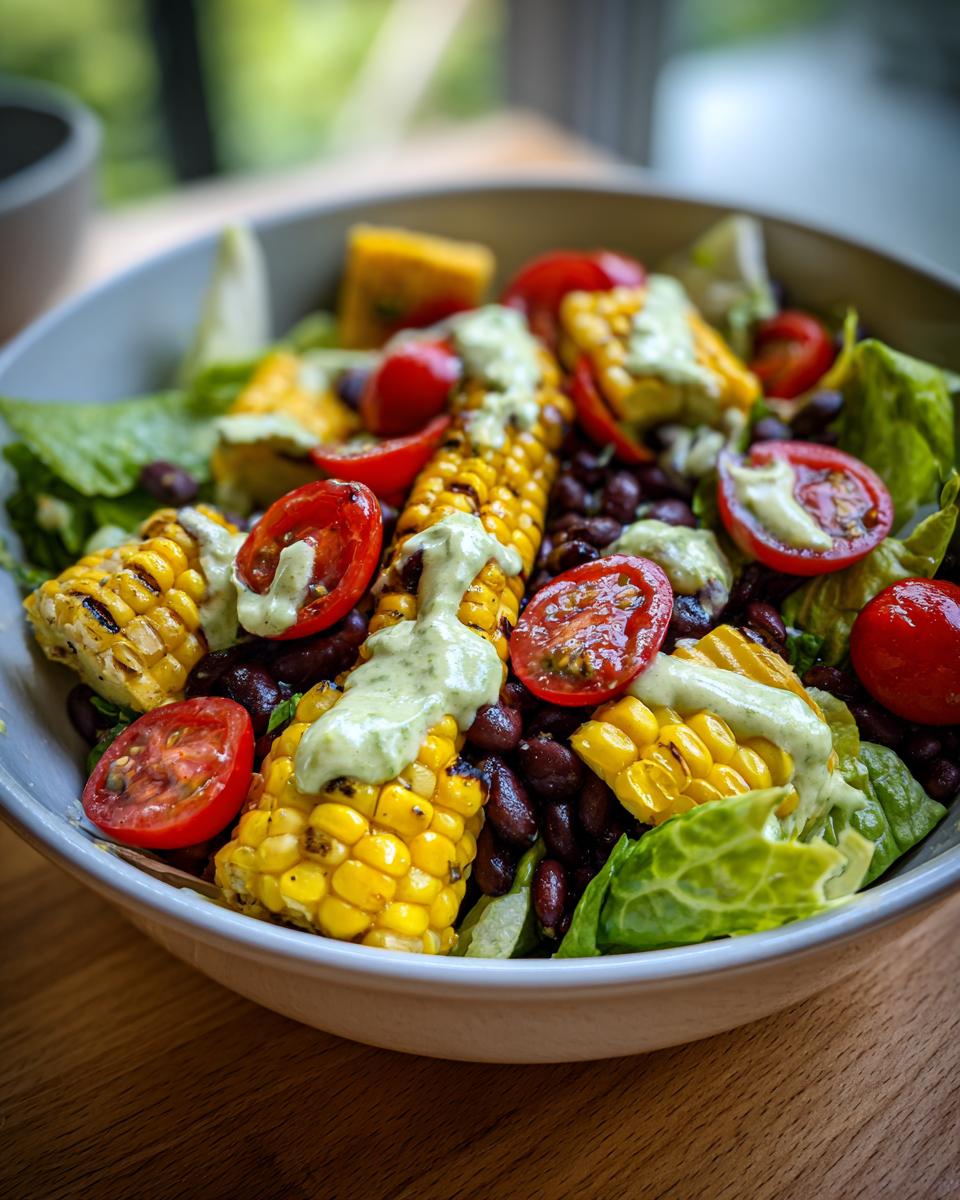 A vibrant summer salad featuring grilled corn, black beans, cherry tomatoes, and lettuce, drizzled with avocado lime dressing.